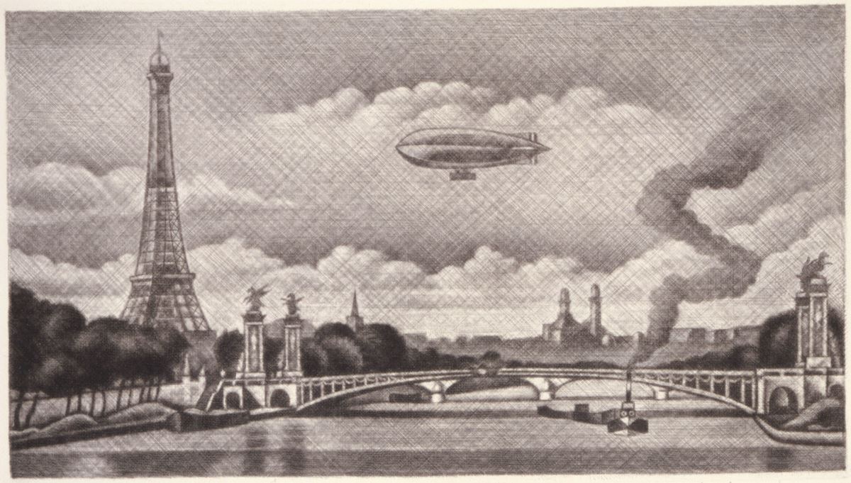 長谷川潔《アレキサンドル三世橋とフランスの飛行船》 1930年　メゾチント　16.8×30.1cm　 横浜美術館蔵