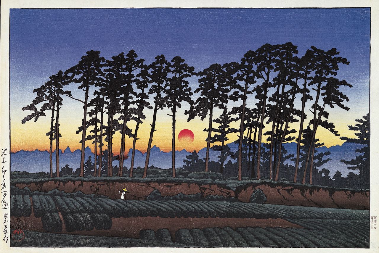《池上市之倉（夕陽）》  東京二十景　1928（昭和3）年  木版、紙  渡邊木版美術画舗