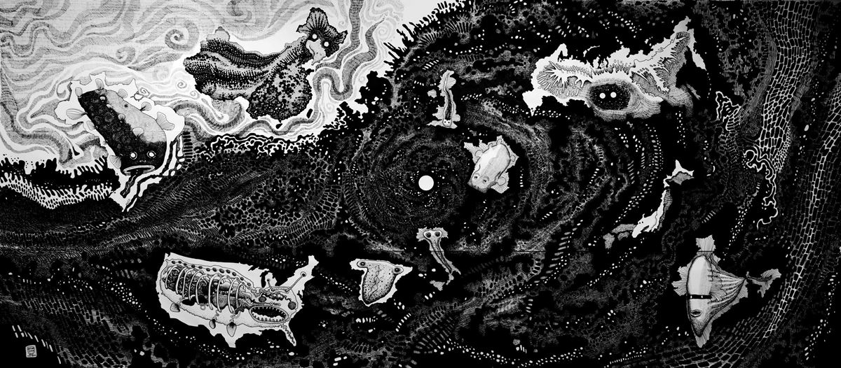 大岩オスカール「太陽と10匹の妖怪」／2021／H6835 x W2940 mm／紙にインク／ (C) 2021 Oscar Oiwa Courtesy of Kadokawa Culture Museum