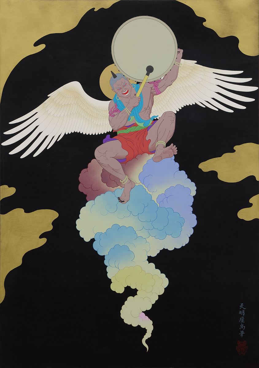 《雷神》    2019    アクリルガッシュ、木、ブラックジェッソ、他    103 x 72.8 cm    ©TENMYOUYA Hisashi    Courtesy Mizuma Art Gallery