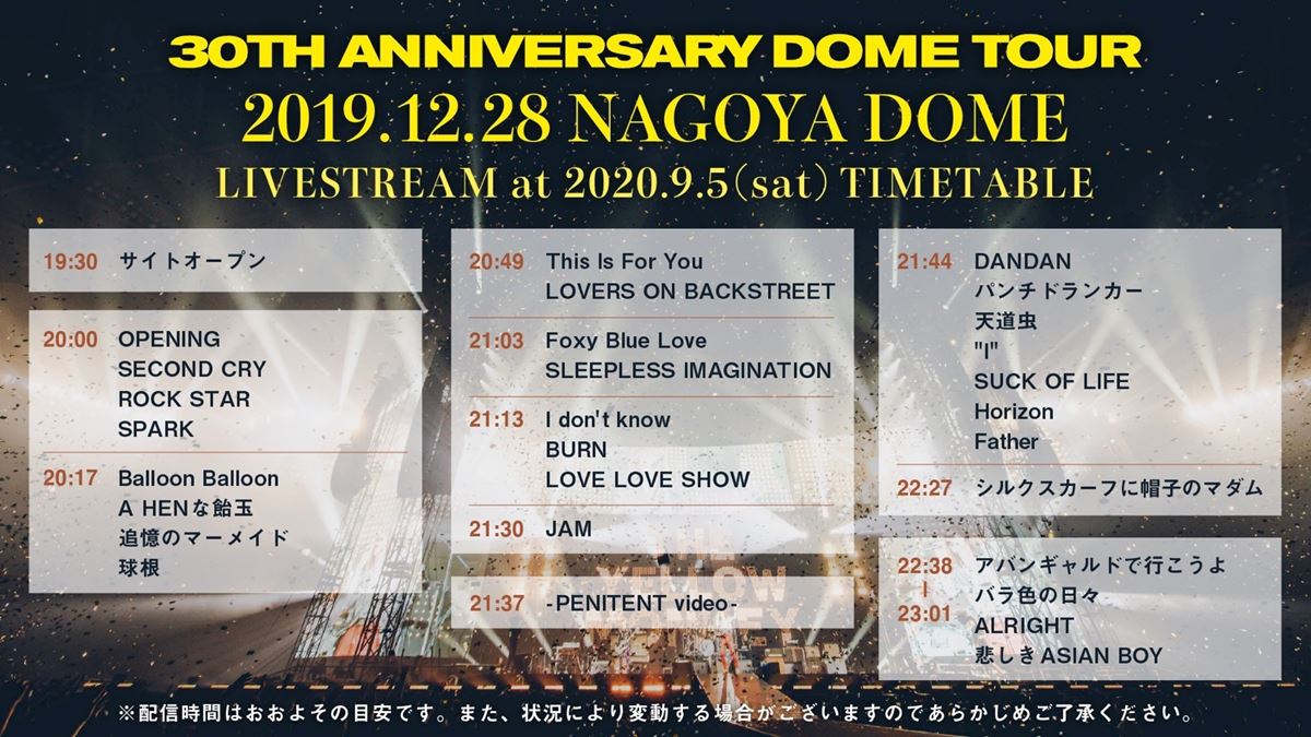 「THE YELLOW MONKEY 30th Anniversary DOME TOUR 2019.12.28 ナゴヤドーム」タイムテーブル