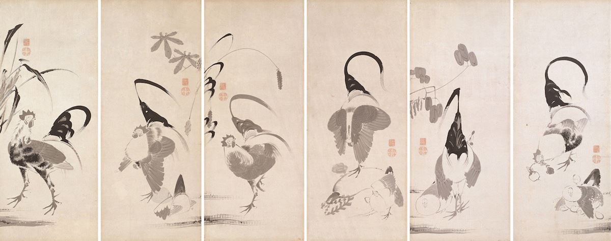 伊藤若冲「鶏図押絵貼屛風(左隻・部分)」個人蔵