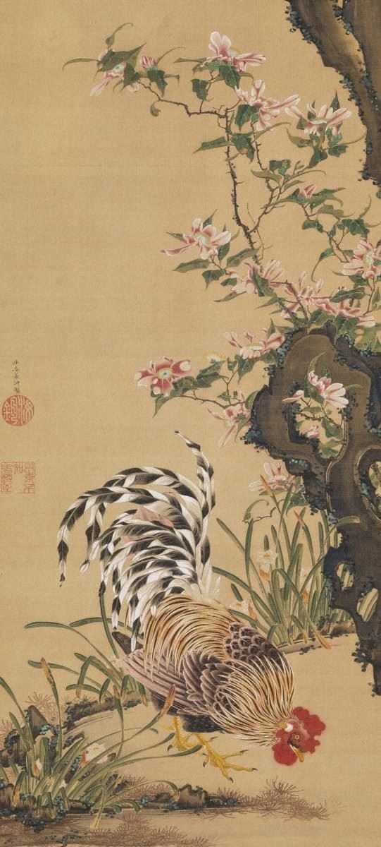 伊藤若冲《花卉雄鶏図》（部分）18 世紀中頃 岡田美術館蔵