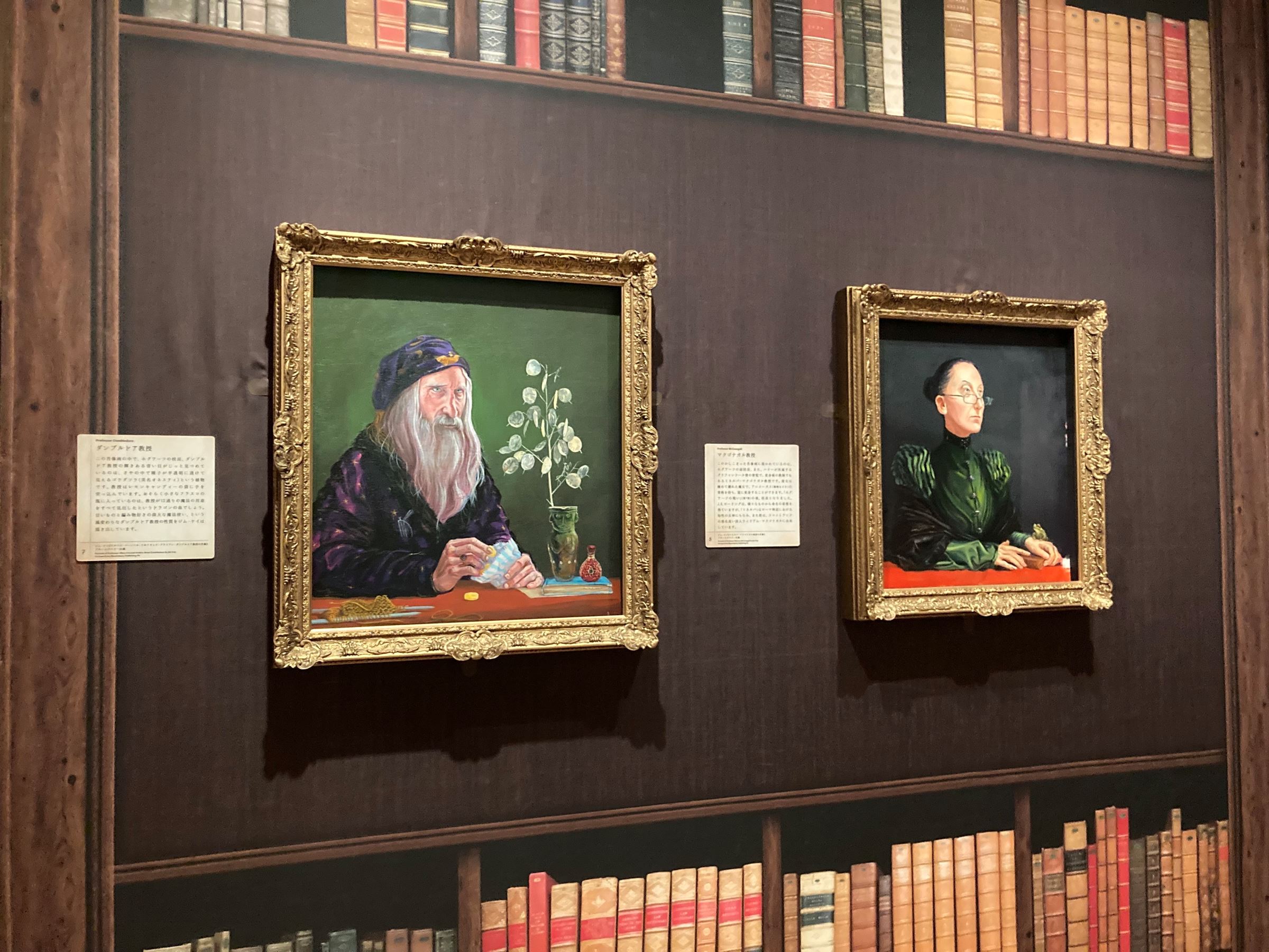 第1章「旅」展示風景。（左）ジム・ケイ《アルバス・パーシバル・ウルフリック・ブライアン・ダンブルドア教授の肖像》（右）ジム・ケイ《ミネルバ・マクゴナガル教授の肖像》　ブルームズベリー社蔵