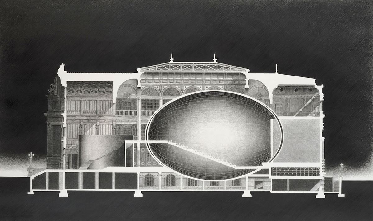 安藤忠雄《中之島プロジェクトⅡ―アーバンエッグ（計画案）公会堂、断面図》1988 年 ギャラリー ときの忘れもの蔵