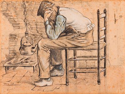 フィンセント・ファン・ゴッホ《疲れ果てて》1881年9-10月 鉛筆・ペン・インク・筆・不透明水彩、簀の目紙 23.4×31.2cm　P. & N. デ・ブール財団　 © P. & N. de Boer Foundation