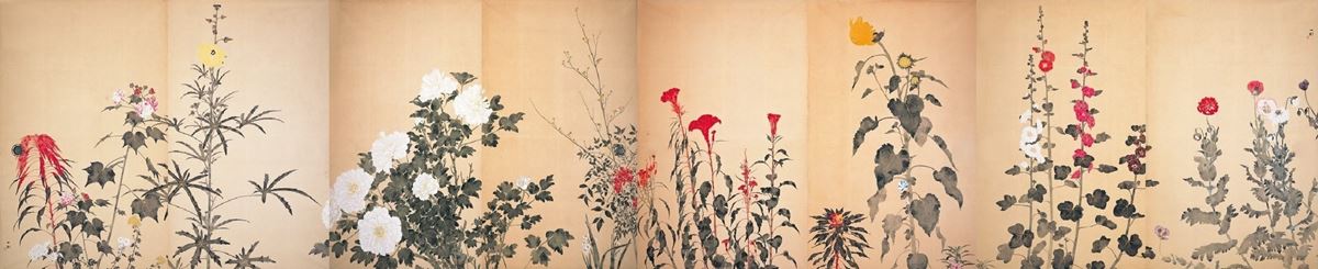 《四季草花図》（旧襖）昭和20年代半ば　大島紬美術館蔵　 (C)Hiroshi Niiyama 2021