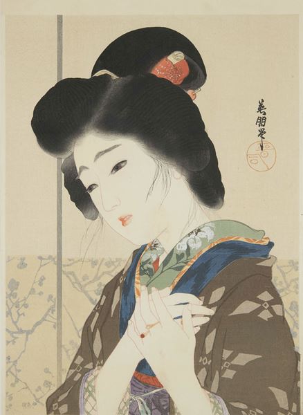 美人画 浮世絵/ 作家物(鑑定済)プラスお盆 墨堤の渡船 三枚続 （美人画 風俗） | 山星書店 浮世絵